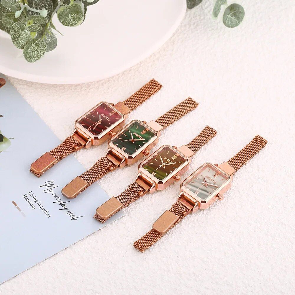 Elegant Square Dial Quartz Women's Watch with Magnetic Rose Gold Mesh Strap 