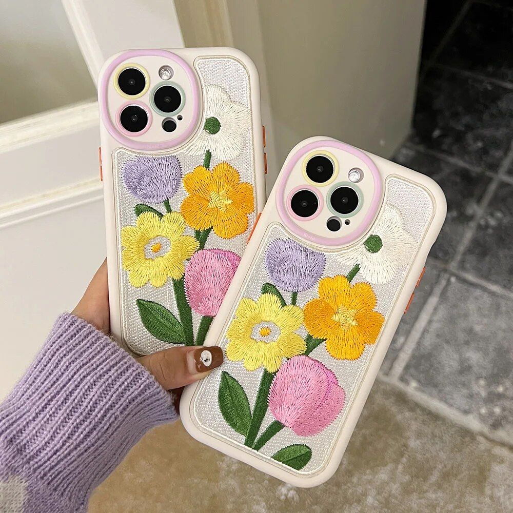 Colorful Embroidery Flower Winter Phone Case for iPhone Series – Soft, Warm & Shockproof 