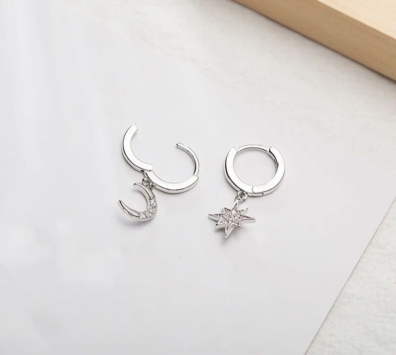 Asymmetric Crystal Star & Moon Drop Earrings 