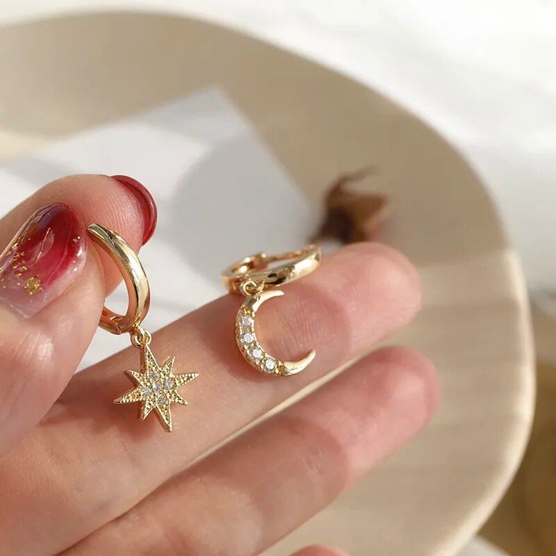 Asymmetric Crystal Star & Moon Drop Earrings 