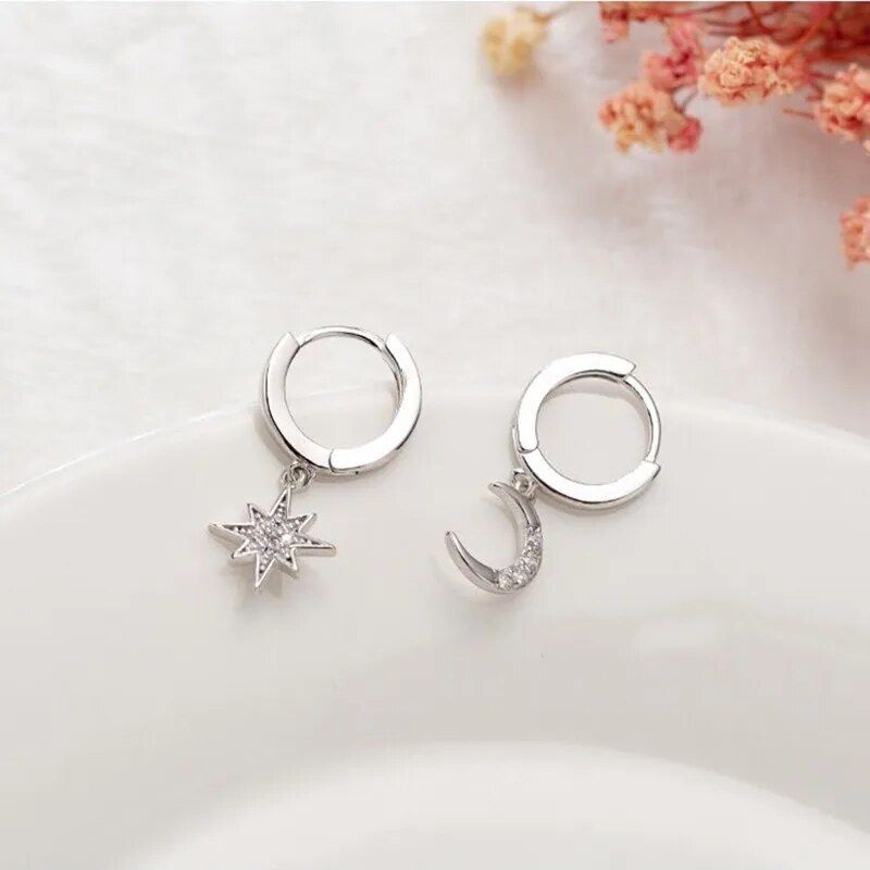 Asymmetric Crystal Star & Moon Drop Earrings 