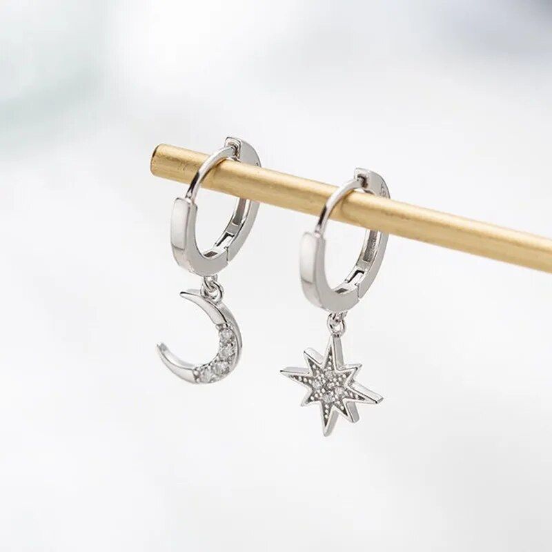 Asymmetric Crystal Star & Moon Drop Earrings 