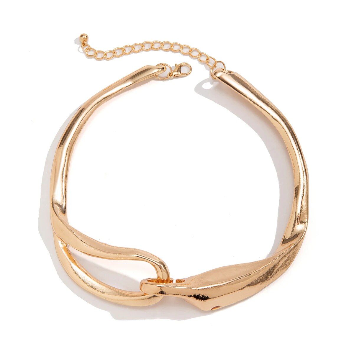 Chunky Metal Buckle Gold Choker Necklace reflecting new fashion trends, with a twisted design, featuring a glossy finish and adjustable chain, isolated on a white background.