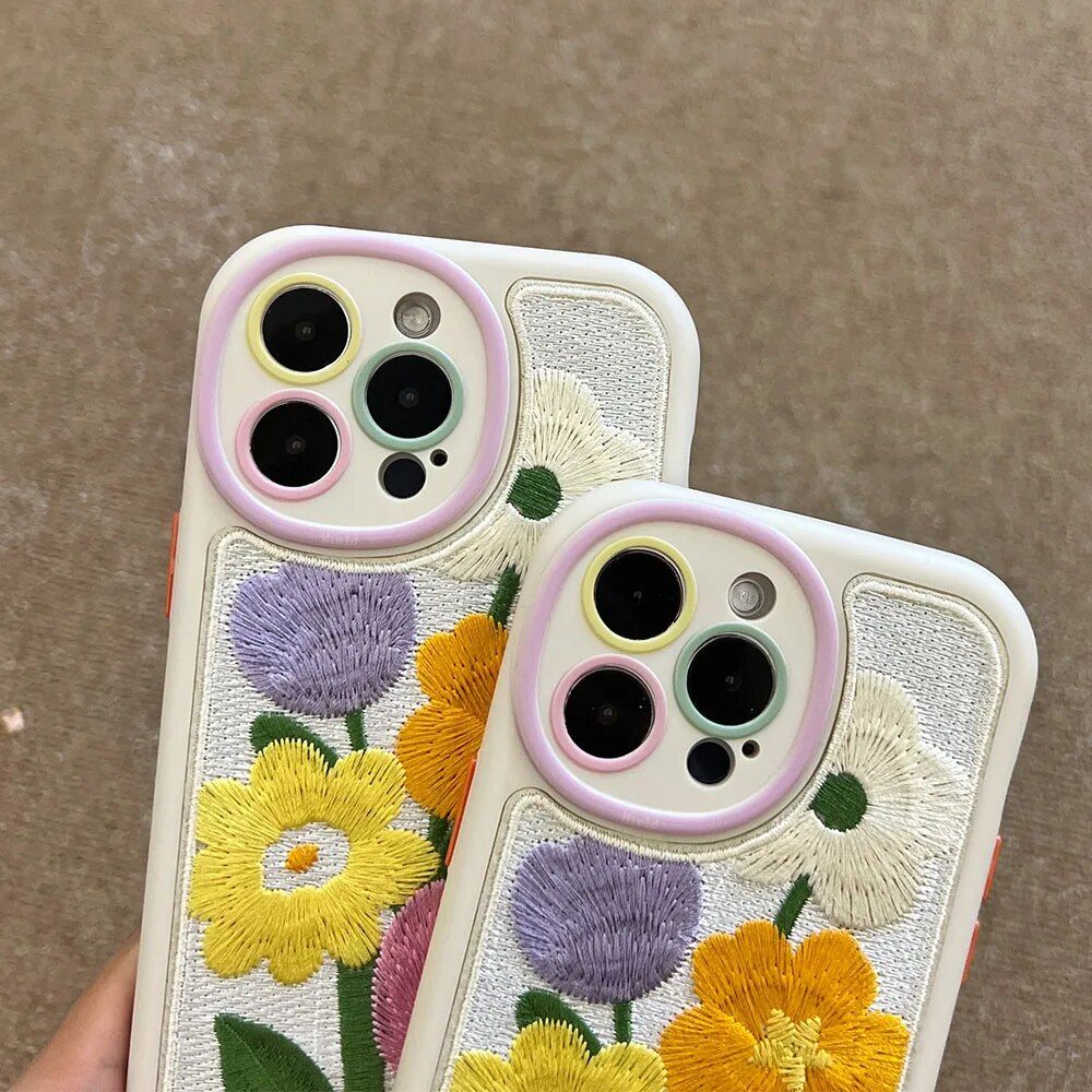 Colorful Embroidery Flower Winter Phone Case for iPhone Series – Soft, Warm & Shockproof 