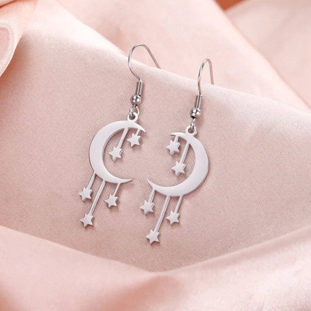 Starry Moonlight Stainless Steel Dangle Earrings for Women 