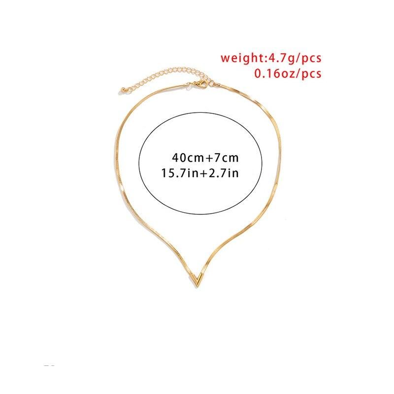 A gold Elegant V-Shaped Flat Snake Chain necklace with adjustable chain length details and new fashion weight information displayed.