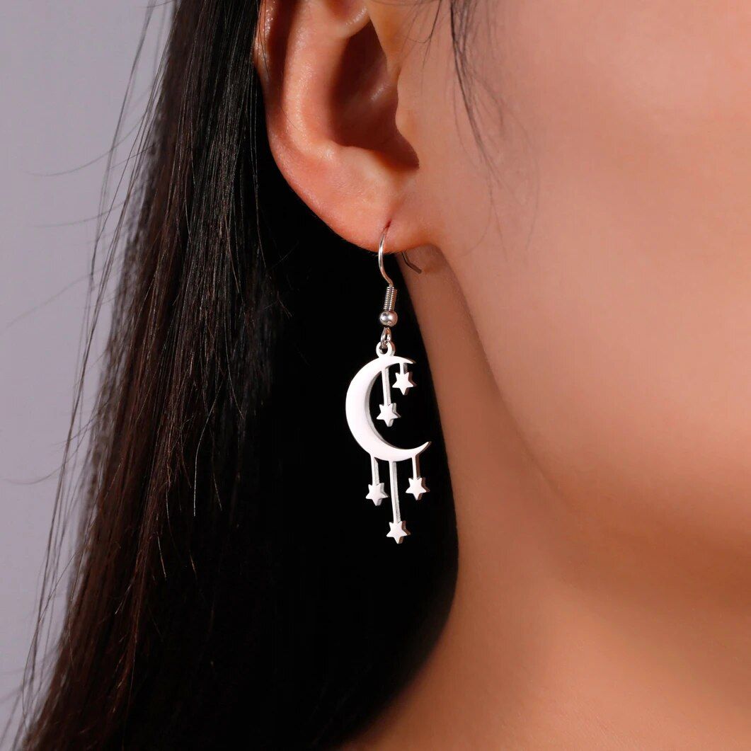 Starry Moonlight Stainless Steel Dangle Earrings for Women 