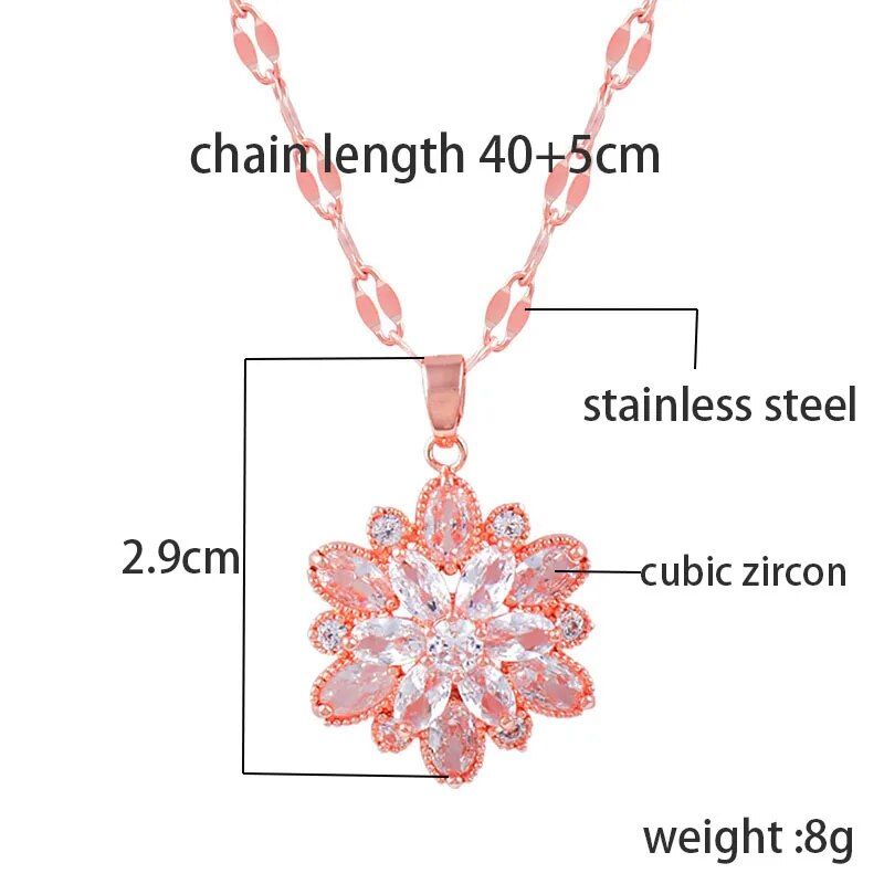 New fashion pink and white cubic zircon Womens Gold-Plated Crystal Flower Pendant Choker on a stainless steel chain with dimensions and weight labels.