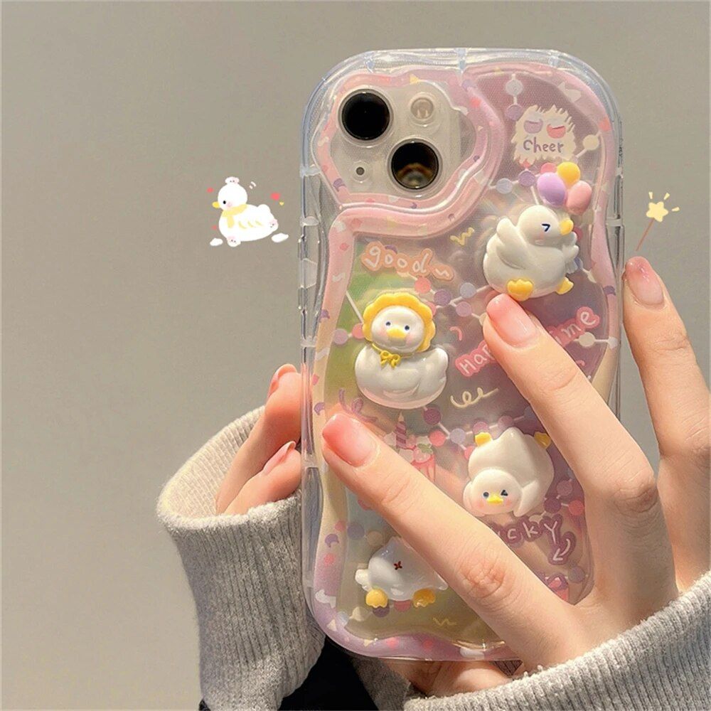 3D Cartoon Duck Cake Gradient Wave Silicone Case for iPhone Models 