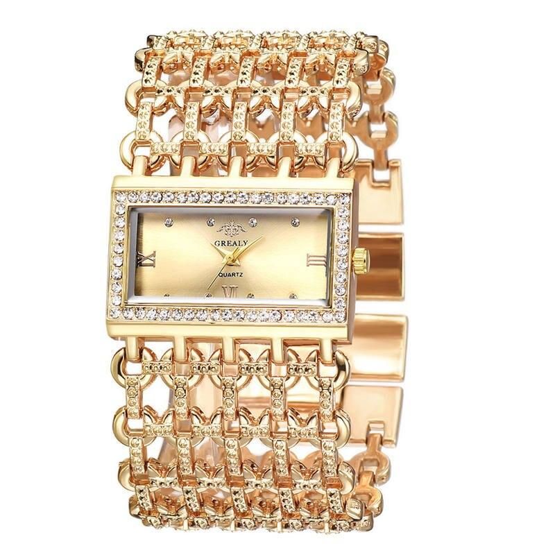 Elegant Gold Square Diamond Quartz Watch for Women 