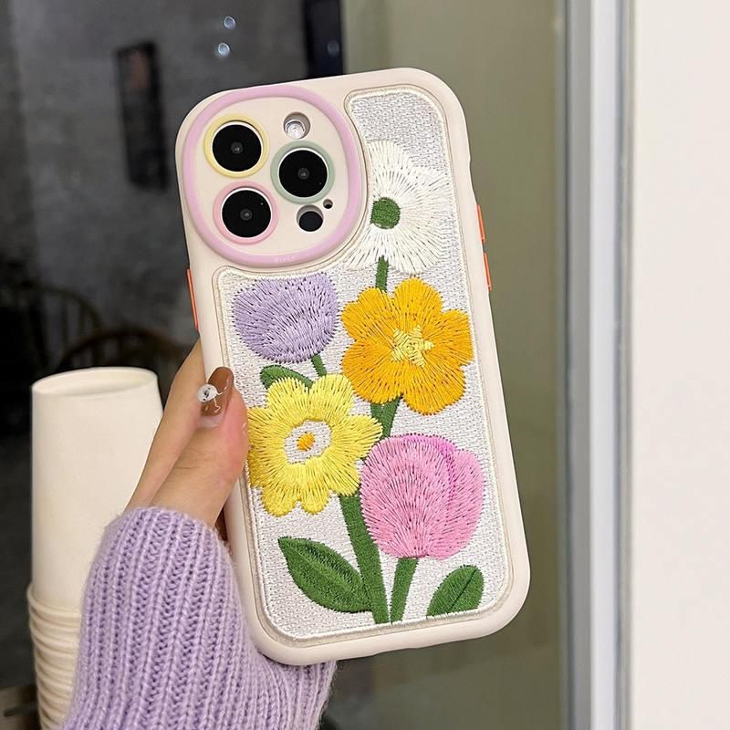 Colorful Embroidery Flower Winter Phone Case for iPhone Series – Soft, Warm & Shockproof 