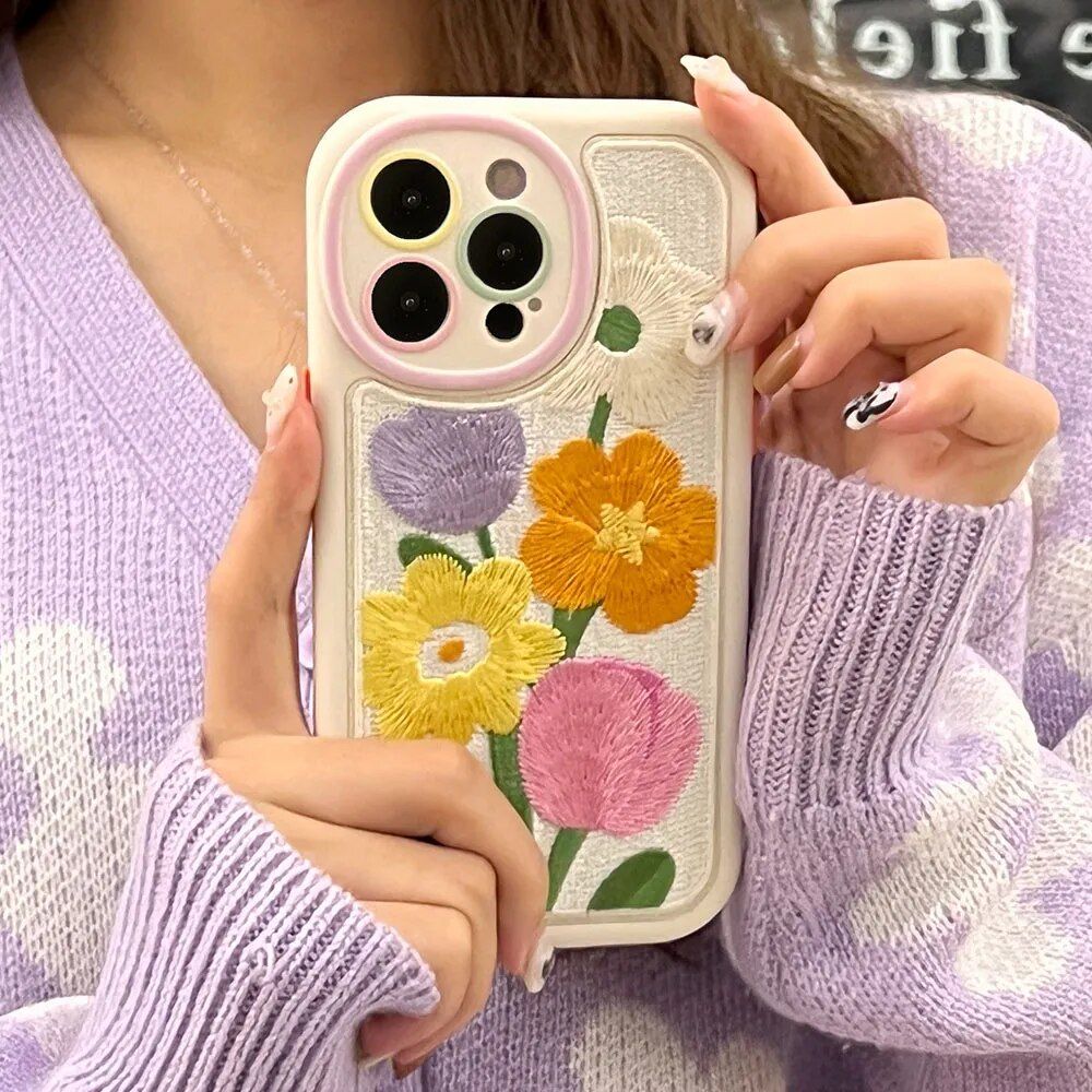 Colorful Embroidery Flower Winter Phone Case for iPhone Series – Soft, Warm & Shockproof 