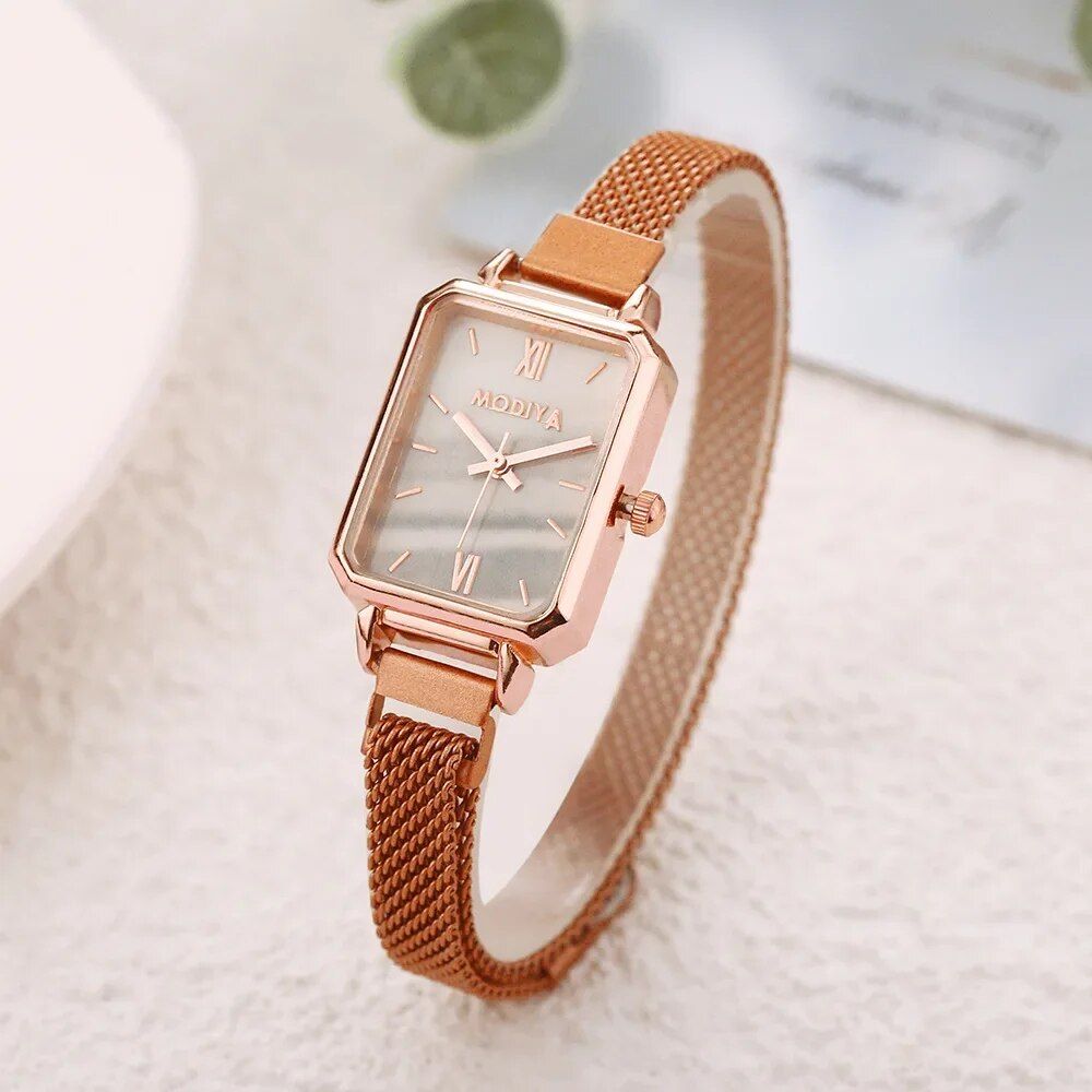 Elegant Square Dial Quartz Women's Watch with Magnetic Rose Gold Mesh Strap Color: White 