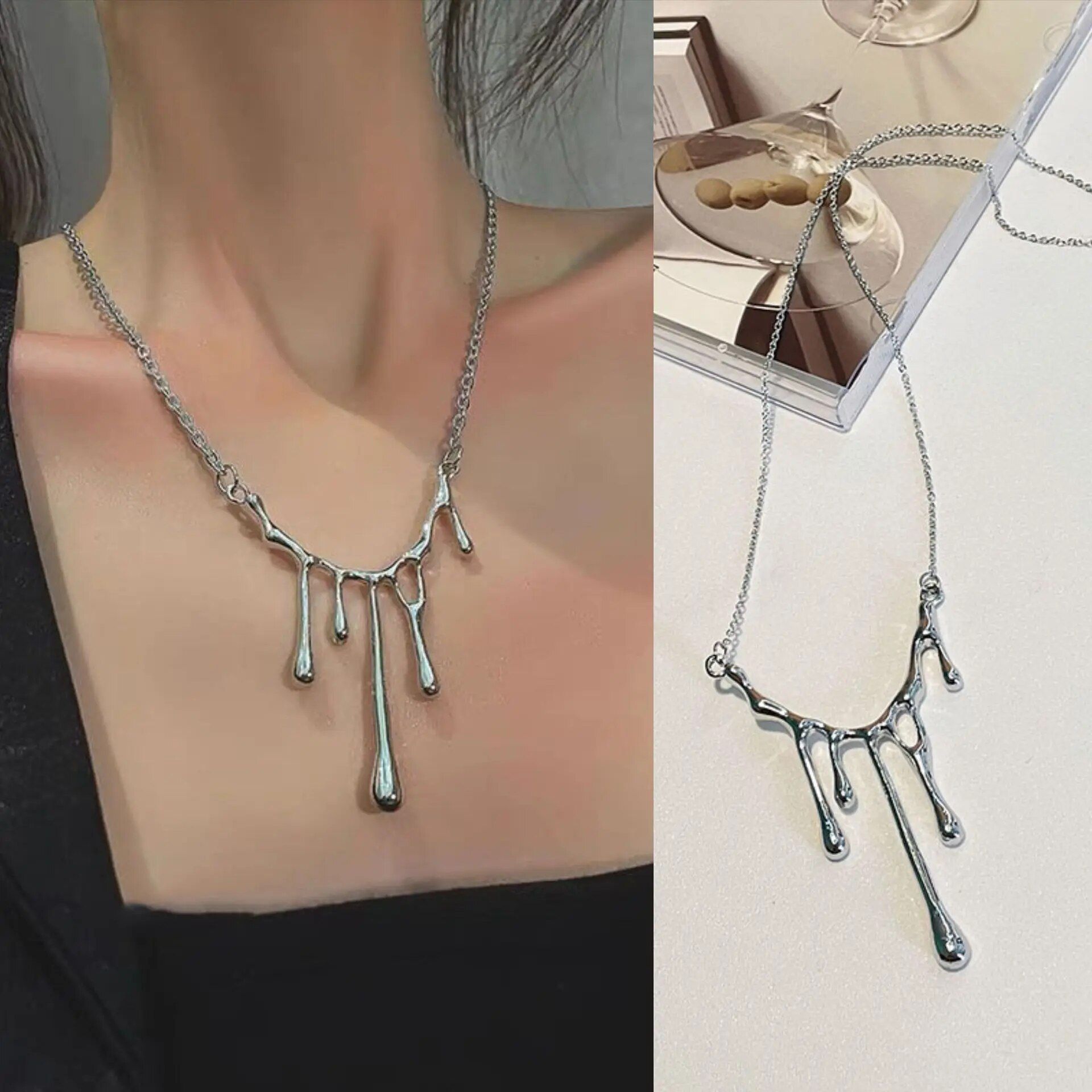 A split-image featuring a woman wearing an Elegant Liquid Drop Shape Yarn Pendant Necklace, epitomizing new fashion style on the left, and the necklace displayed on a mirror surface on the right.