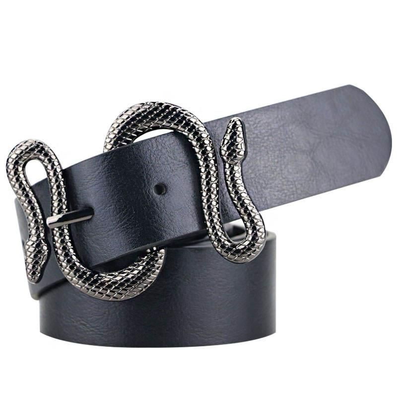 High-Quality Snake Shape Pin Buckle Leather Belt for Women Color: Black Black Belt Length: 100cm|110cm|120cm 