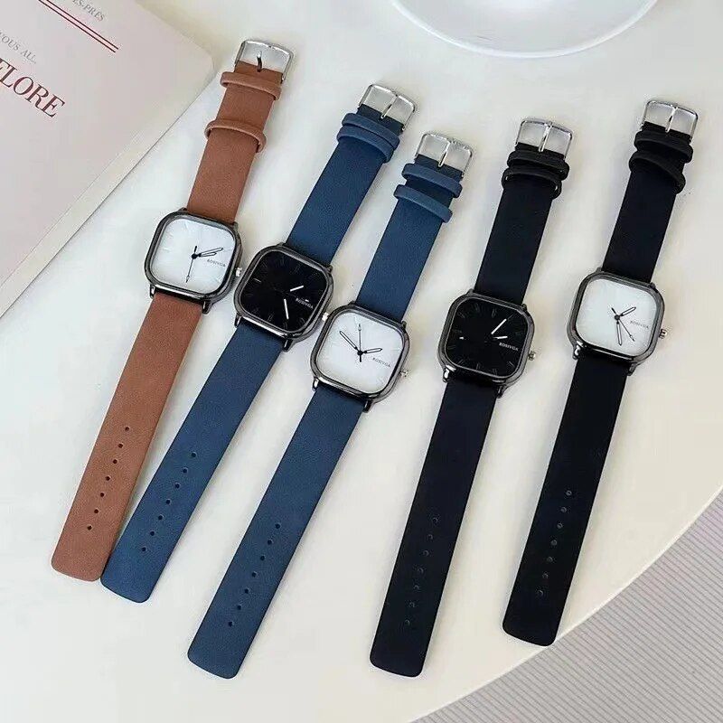 Elegant Square Dial Leather Strap Quartz Watch for Men and Women 