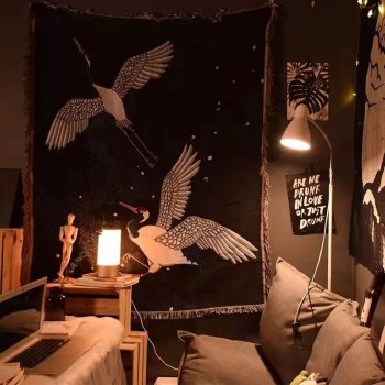 Elegant Black Crane & Floral Japanese Knitted Cotton Blanket