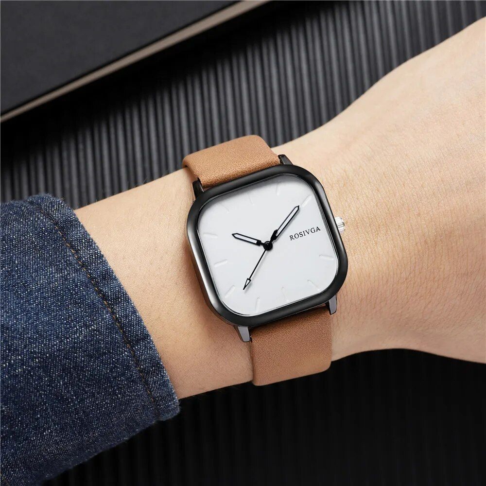 Elegant Square Dial Leather Strap Quartz Watch for Men and Women 