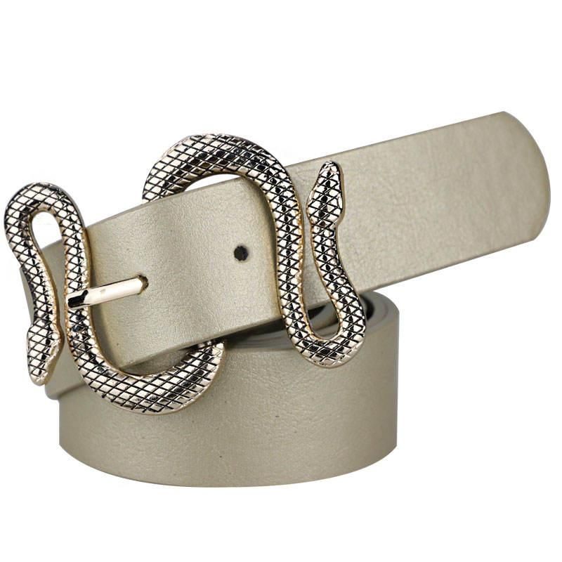 High-Quality Snake Shape Pin Buckle Leather Belt for Women Color: Gold Beige Belt Length: 100cm|110cm|120cm 