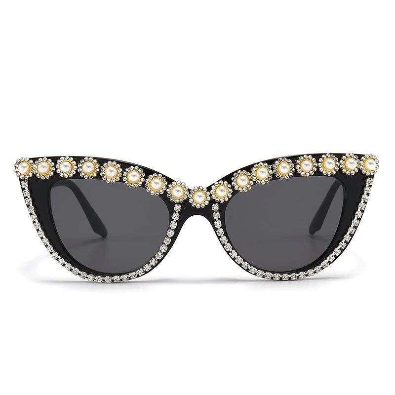 Chic Oversized Cat Eye Sunglasses with Pearl Diamond Detail – Fashion Anti-Blue Light Vintage Eyewear 