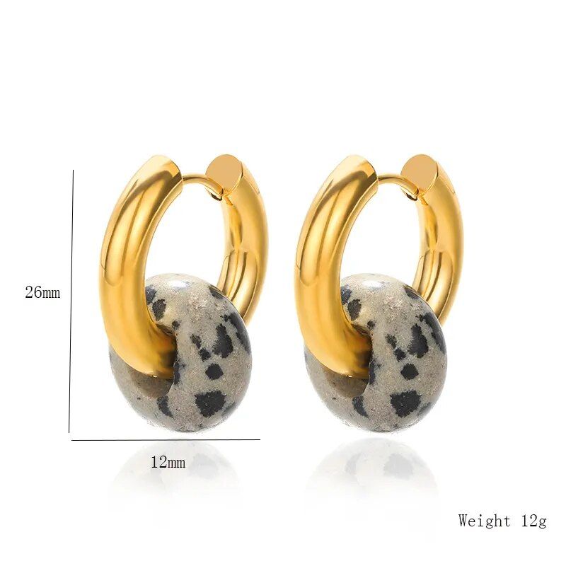 Women's Natural Stone Hoop Earring with a dalmatian jasper bead, new fashion dimensions and weight labeled.