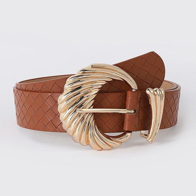 Gold Shell Buckle Braided Leather Belt for Women Color: Dark Brown Belt Length: 105CM 