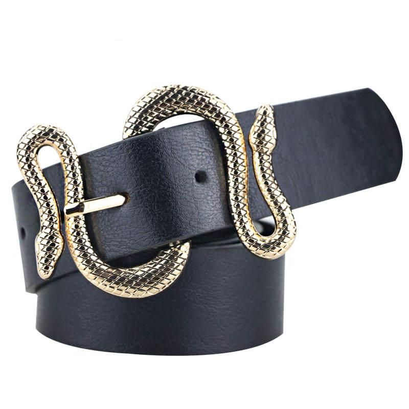 High-Quality Snake Shape Pin Buckle Leather Belt for Women Color: Gold Black Belt Length: 100cm|110cm|120cm 