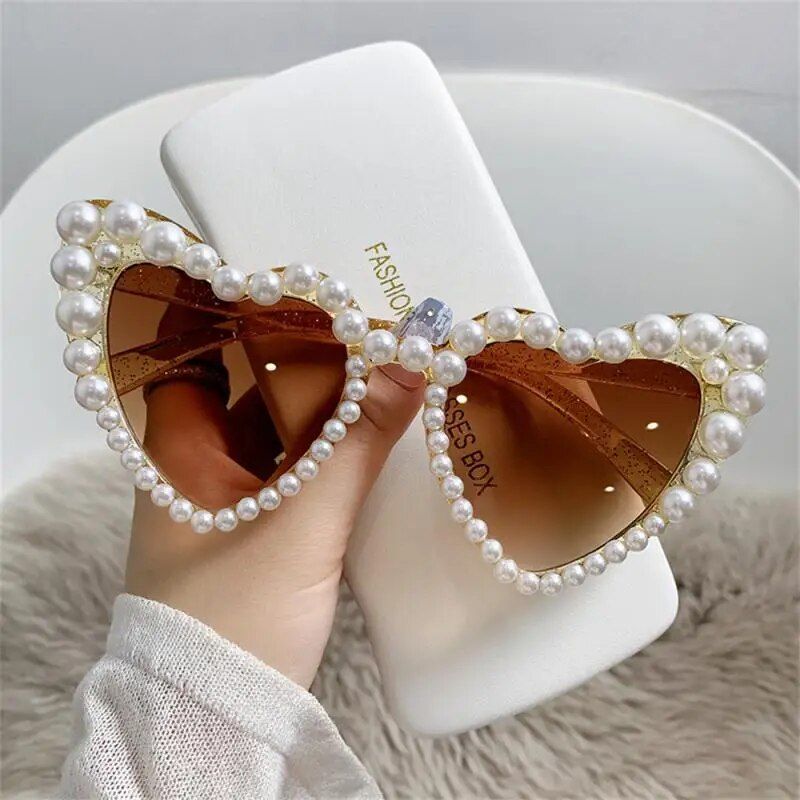 Chic Pearl-Embellished Heart-Shaped Sunglasses for Women Color: Tan 