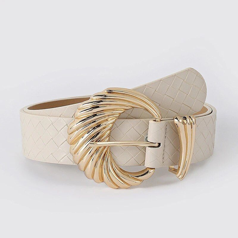 Gold Shell Buckle Braided Leather Belt for Women Color: White Belt Length: 105CM 