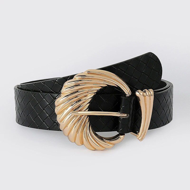 Gold Shell Buckle Braided Leather Belt for Women Color: Black Belt Length: 105CM 