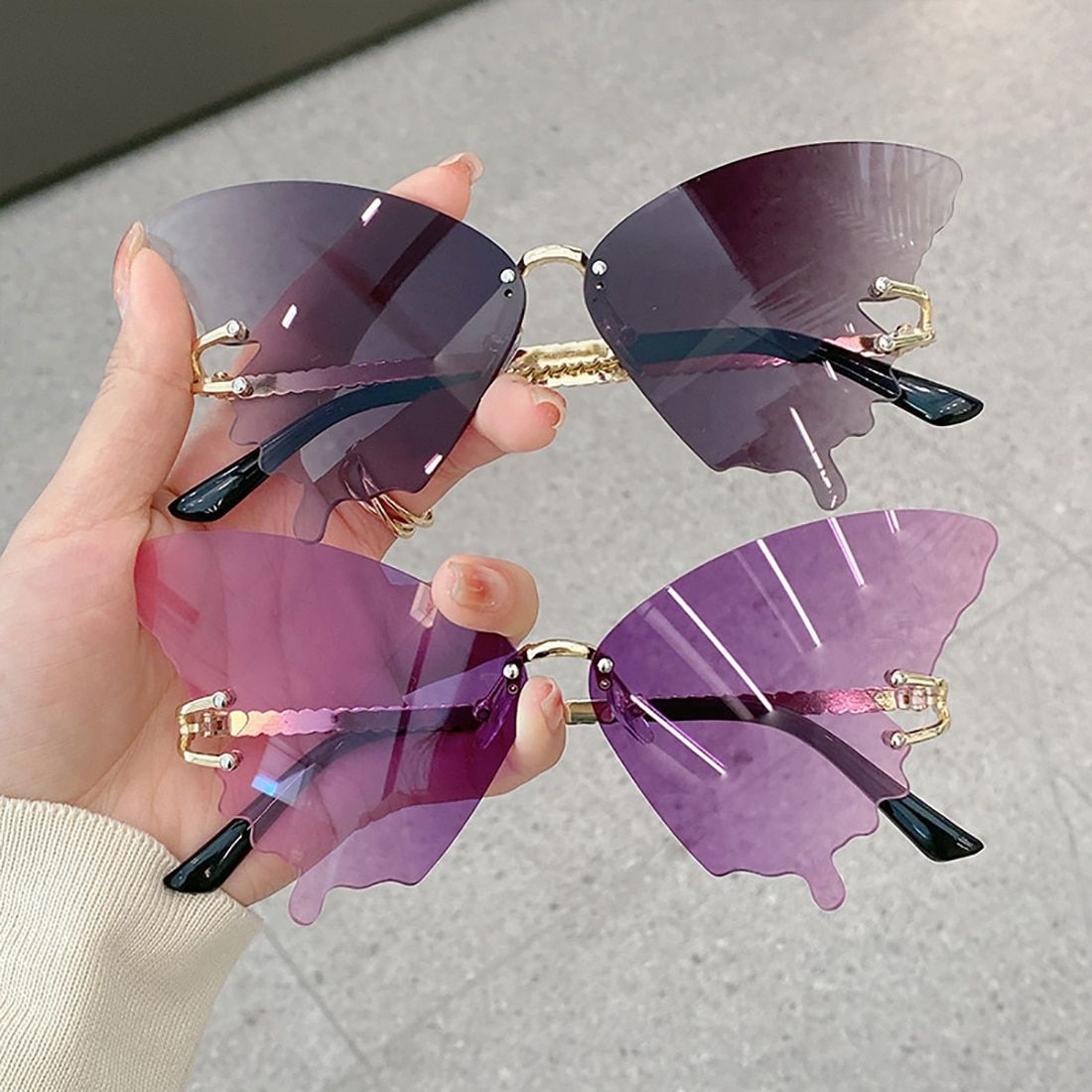 Chic Gradient Butterfly Sunglasses - UV Protection, Rimless Metal Design for Women 