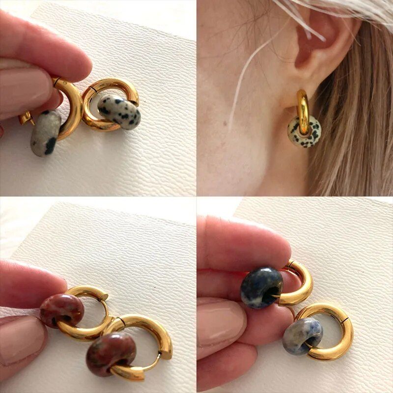 Four images showcasing a variety of Women's Natural Stone Hoop Earrings with different patterned charms as the latest fashion accessory, including one being worn on an ear.