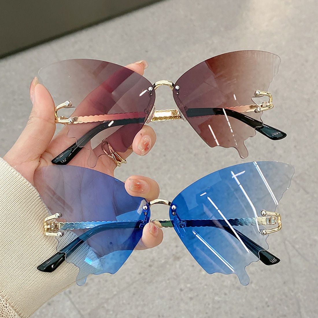 Chic Gradient Butterfly Sunglasses - UV Protection, Rimless Metal Design for Women 