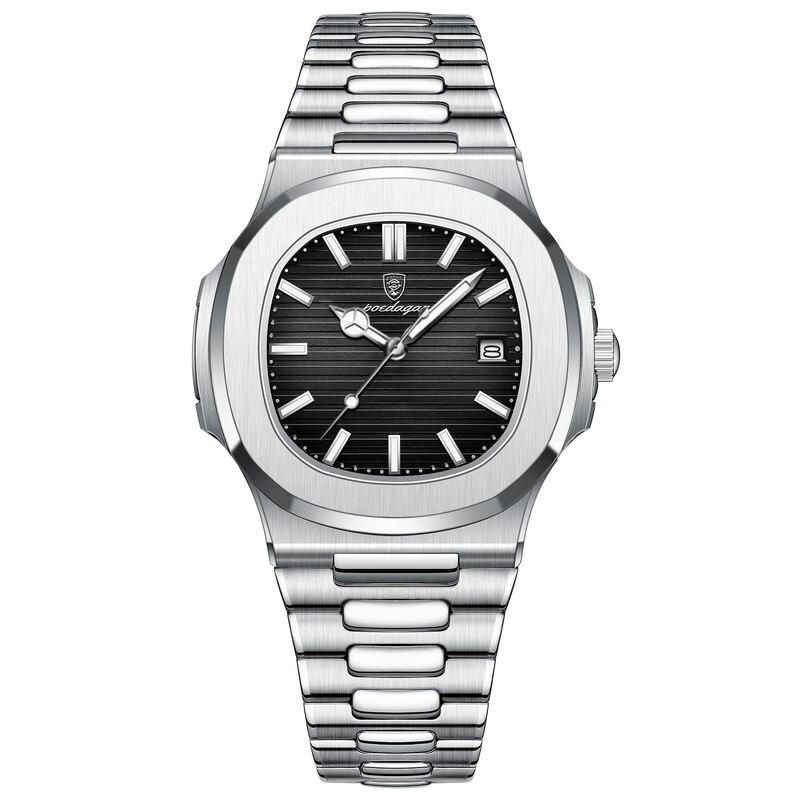 Elite Square Dial Stainless Steel Men's Watch with Luminous Hands & Calendar 