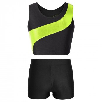 Girls Dance & Gymnastics Outfit - Sleeveless Shiny Rhinestone Crop Top with Shorts