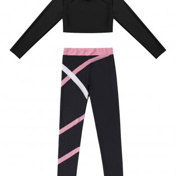 Kids' Athletic Wear Set - Stretchy Long Sleeve Crop Top & Colorblock Leggings for Gymnastics, Yoga, Skating