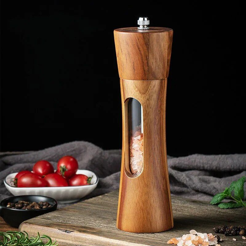 Elegant Wooden Salt and Pepper Grinder with Clear Acrylic Window 