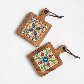 Alternative view of Acacia Wood and Colorful Tile Trivet - Multipurpose Anti-Scald Pot Mat and Drink Coaster