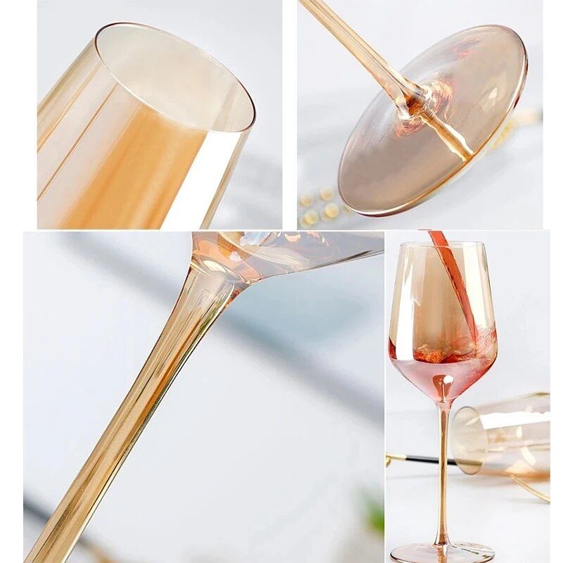 Elegant Amber Crystal Wine & Champagne Glasses - Handmade Goblet Set for Special Occasions Kitchen