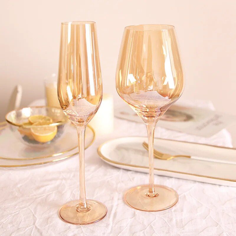 Elegant Amber Crystal Wine & Champagne Glasses - Handmade Goblet Set for Special Occasions Kitchen