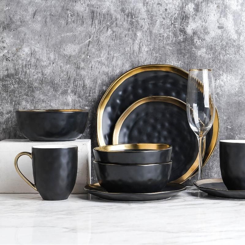 Elegant 16-Piece Gold-Rimmed Black Porcelain Dinnerware Set 