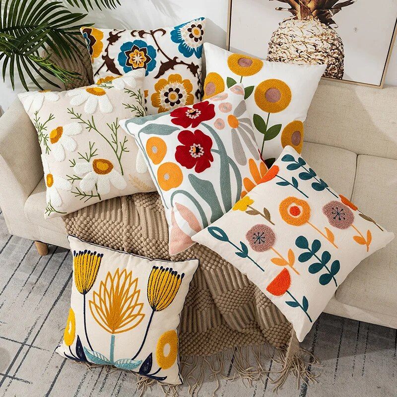 Embroidered Floral Canvas Cushion Cover Home & Garden Home Decor