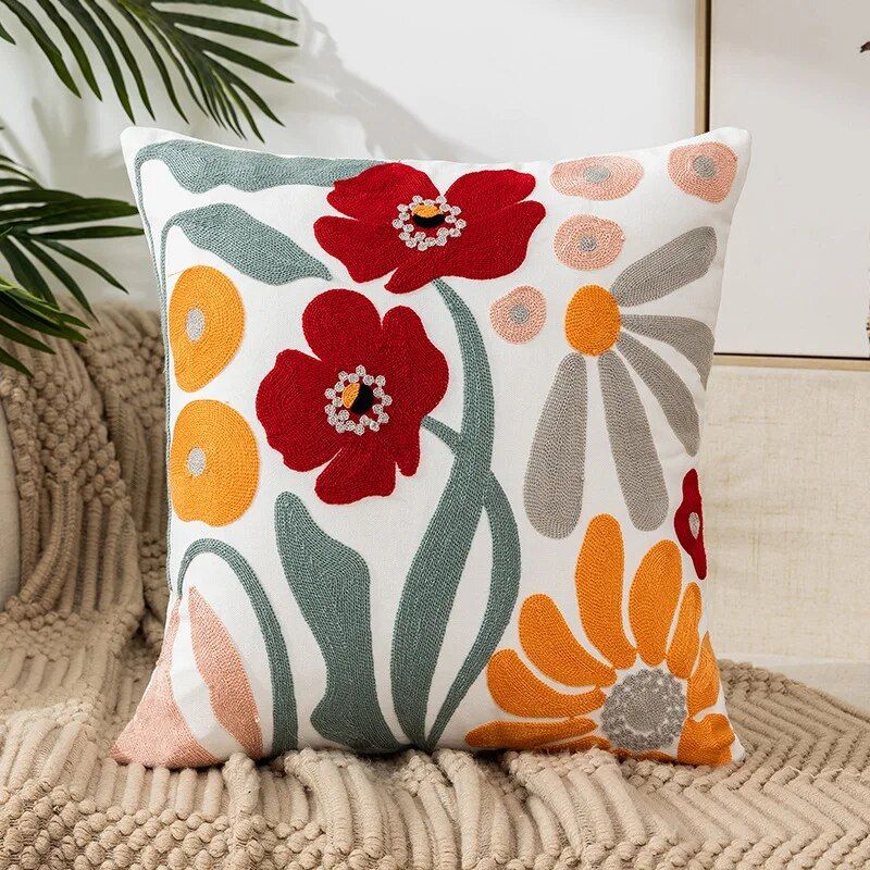 Embroidered Floral Canvas Cushion Cover Home & Garden Home Decor