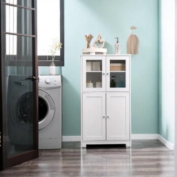 White Wooden Bathroom Floor Storage Cabinet