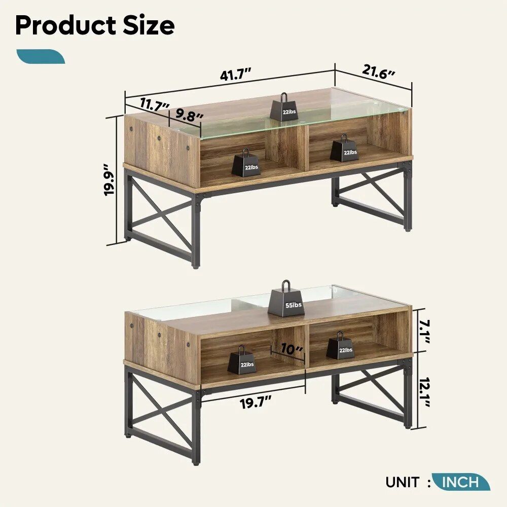 Rustic Oak Coffee Table with LED Lighting and Glass Shelf Furniture Home & Garden Home Decor