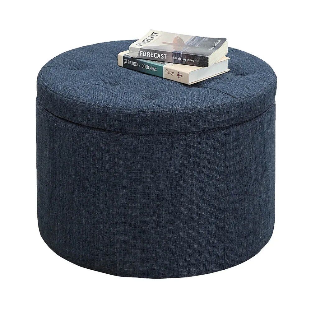 Dark Blue Linen Round Footstool with Shoe Storage Home & Garden Home Decor