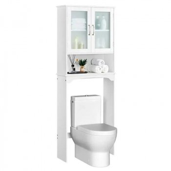 White Wooden Over-The-Toilet Storage Cabinet with Adjustable Shelf
