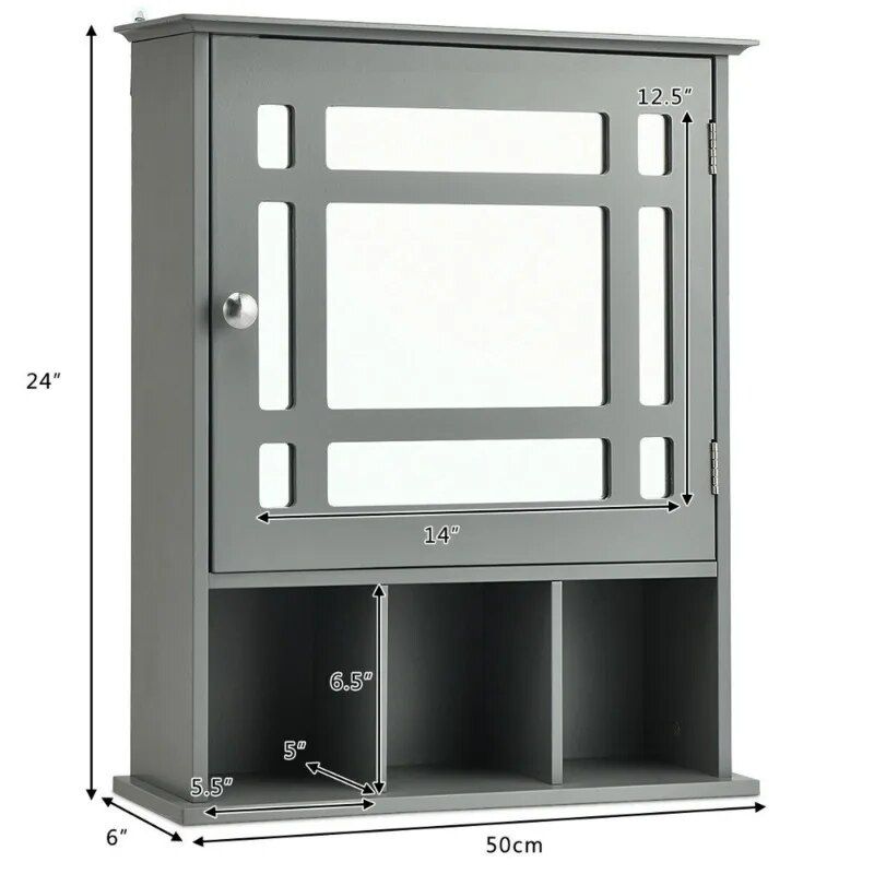 Elegant Grey Wall-Mounted Mirrored Medicine Cabinet with Adjustable Shelf 