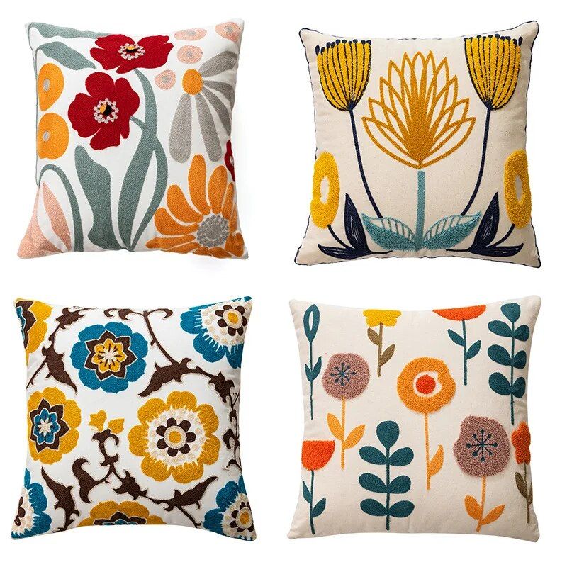 Embroidered Floral Canvas Cushion Cover Home & Garden Home Decor