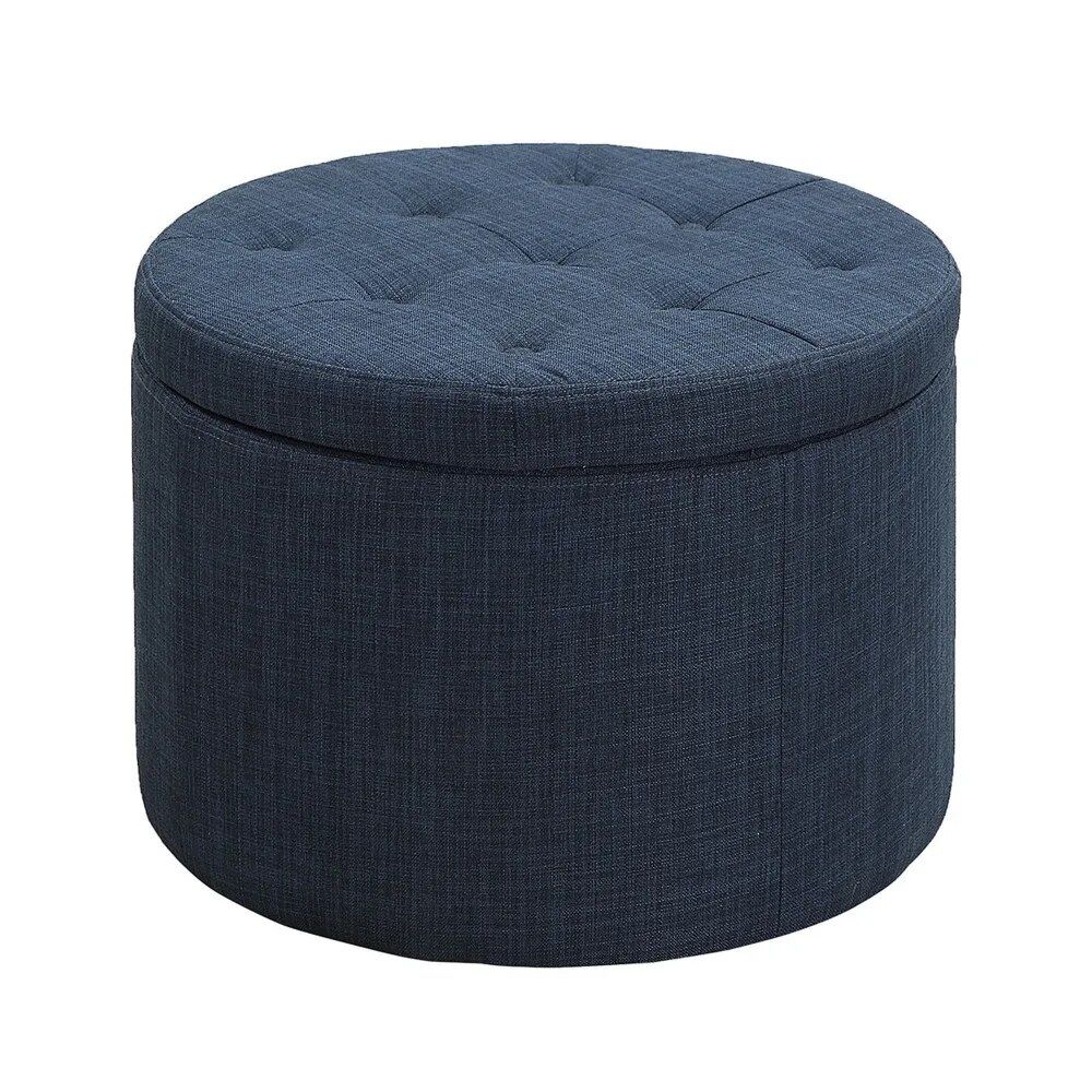 Dark Blue Linen Round Footstool with Shoe Storage Home & Garden Home Decor